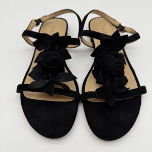 Vintage Talbots Size 7 Black Floral Suede Sandals Flat Summer Prom Shoes NIB